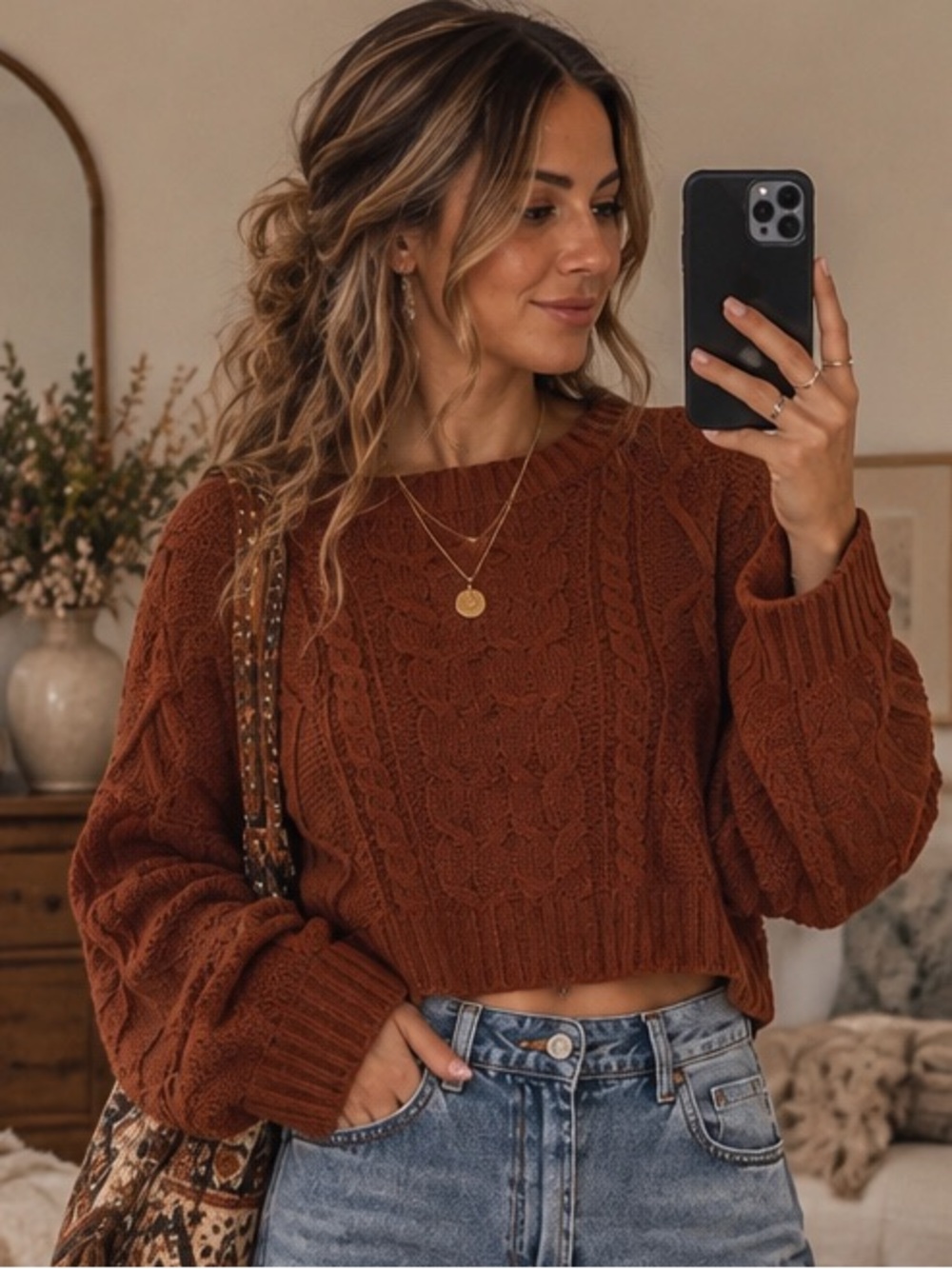 Arizona Jean co cropped cable knit sweater boho fall cottagecore rust (M)